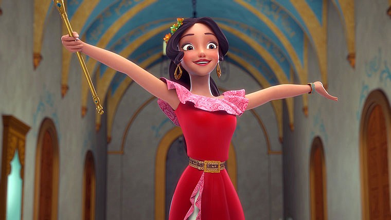 This image released by the Disney Channel shows the character Elena who becomes a crown princess in a scene from, "Elena of Avalor," premiering today on Disney Channel. 