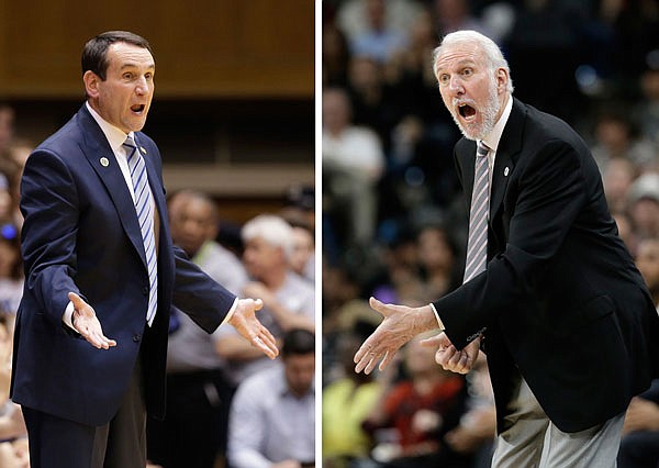 (Left) In this Feb. 6 file photo, Duke coach Mike Krzyzewski reacts during the first half of a game against North Carolina State in Durham, N.C. (Right) In this May 2 file photo, Spurs coach Gregg Popovich reacting to a play against the Thunder during Game 2 of a second-round playoff series in San Antonio.