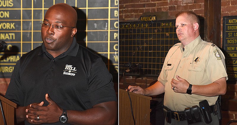 Gary Hill (photo at left) and John Wheeler (photo at right) speak at the Cole County Democratic Committee meeting on Thursday, July 21, 2016. They are both candidates for county sheriff in the party's Aug. 2 primary along with Randy Dampf, who did not attend the meeting.