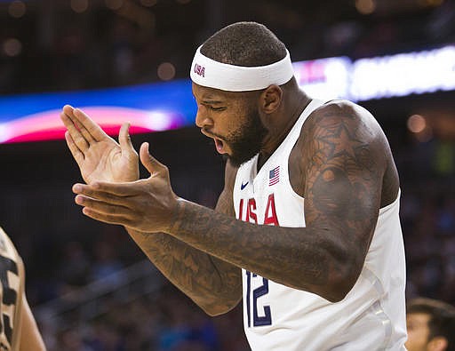 United States' DeMarcus Cousins (12) celebrates a basket against Argentina during an exhibition basketball game Friday, July 22, 2016, in Las Vegas.