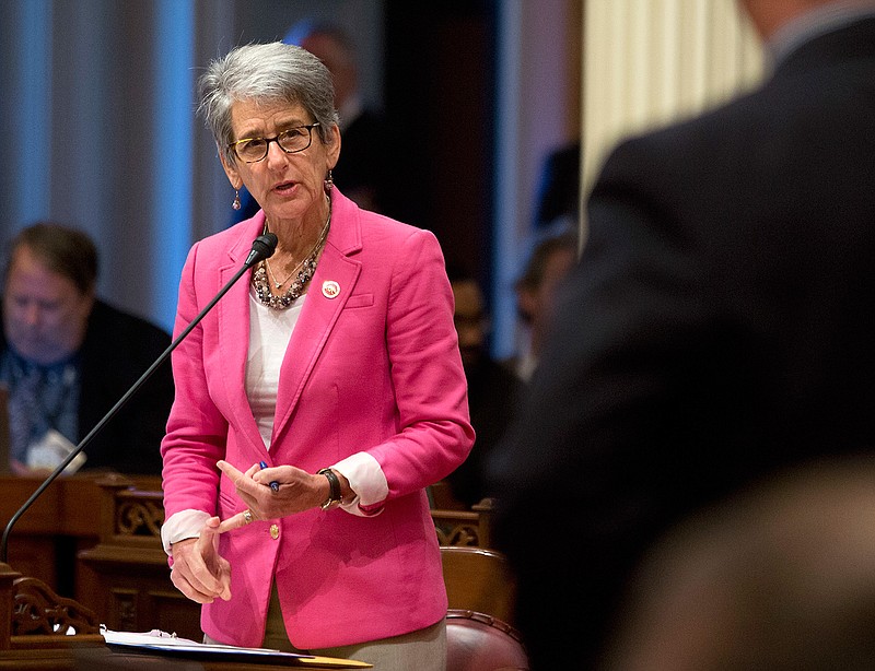 State Sen. Hannah-Beth Jackson, D-Santa Barbara, responds to a question from Sen. Anthony Cannella R-Ceres, at the Capitol in Sacramento, Calif., on Thursday, June 30, 2016. She is chairwoman of the powerful judiciary committee as well as the California Legislative Women's Caucus. Jackson's legislative accomplishments include what was considered the strongest equal pay legislation in the country. 