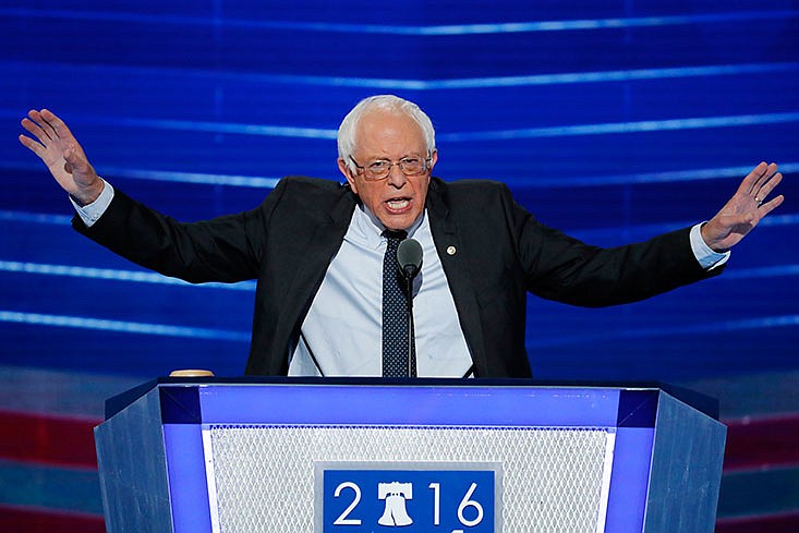 Former Democratic presidential candidate, Sen. Bernie Sanders, I-Vt., speaks during the first day of the Democratic National Convention in Philadelphia. 