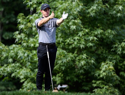 Rory McIlroy gestures during a practice round Monday for the PGA Championship at Baltusrol Golf Club in Springfield Township, N.J.