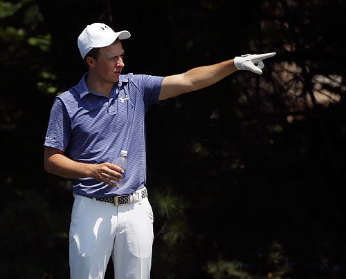 Jordan Spieth points down the seventh fairway Monday during a practice round for the PGA Championship at Baltusrol Golf Club in Springfield Township, N.J.