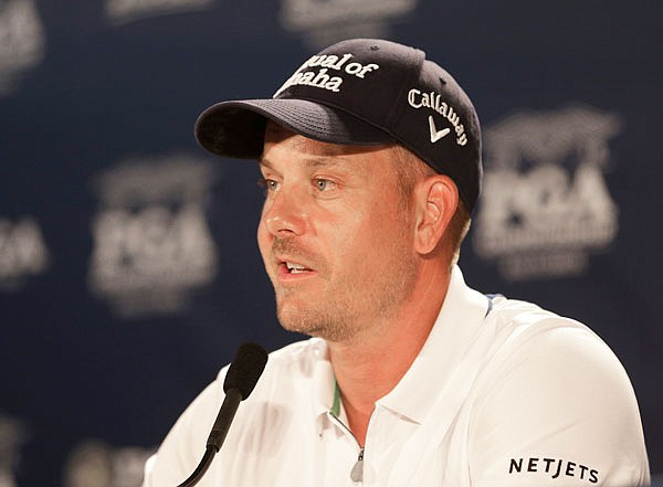 2016 British Open champion Henrik Stenson answers a question during a news conference Tuesday after a practice round for the PGA Championship at Baltusrol Golf Club in Springfield, N.J.