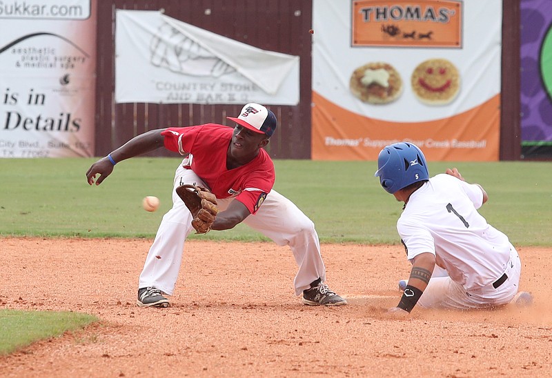 Texarkana Post 25 Bulldogs second baseman Lavert Paxton tries to tag Seth Olgin on a steal Wednesday in the second inning against the Pecos Outlaws Post 460 at the American Legion Baseball State Tournament at Clear Creek High School in League City, Texas.