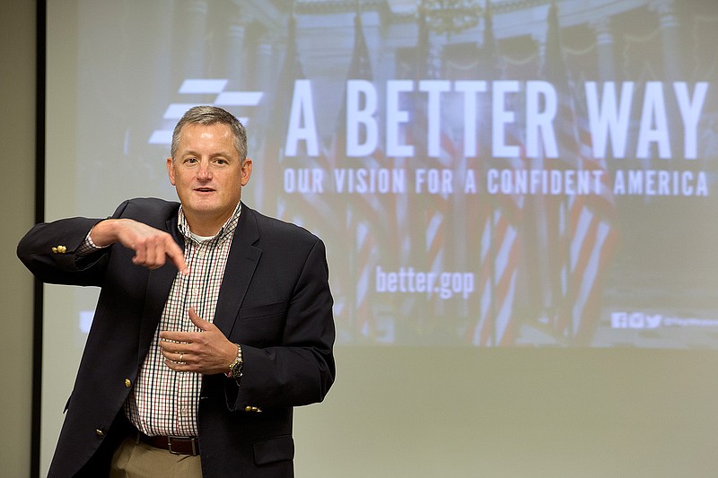 U.S. Rep. Bruce Westerman, R-Ark., talks about the "A Better Way" program Wednesday at Cossatot College in Ashdown, Ark. Republicans from the House of Representatives are promoting their plan as well as selling constituents on Donald Trump.