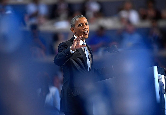 President Barack Obama speaks during the third day of the Democratic National Convention in Philadelphia.