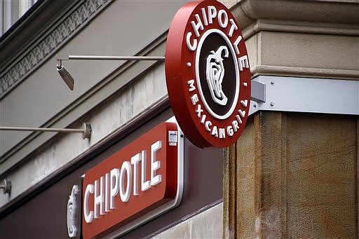 This Monday, Feb. 8, 2016, photo, shows the marquis signs for the Chipotle restaurant in Pittsburgh's Market Square.