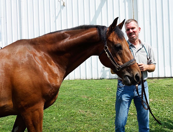 Paul M. Schiltz, staff veterinarian at William Woods University, stands with a patient, a Morgan named Tater, who is healing from surgery to remove a benign tumor on his right front hoof.