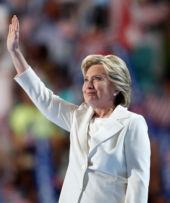 Democratic presidential nominee Hillary Clinton waves after taking the stage during the final day of the Democratic National Convention in Philadelphia , Thursday, July 28, 2016. 