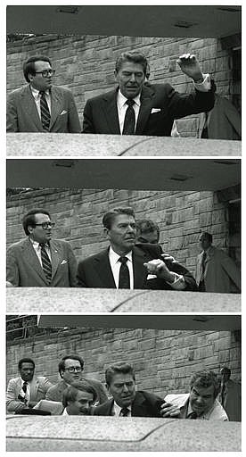 In this March 30, 1981 black-and-white three picture combo file photo, President Reagan waves, then looks up before being shoved into Presidential limousine by Secret Service agents after being shot outside a hotel in Washington. John Hinckley Jr. shot four people outside a Washington hotel on March 30, 1981, but two of his victims understandably got most of the attention: President Ronald Reagan and his press secretary, James Brady. Then Secret Service agent Timothy McCarthy and District of Columbia police officer Thomas Delahanty both took bullets to protect the president. 