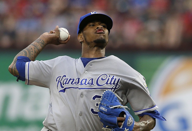 Kansas City Royals starting pitcher Yordano Ventura throws during the second inning of a baseball game against the Texas Rangers in Arlington, Texas, Thursday, July 28, 2016. 