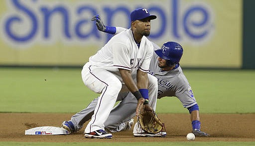 Kansas City Royals' Paulo Orlando, right, steals second base against Texas Rangers shortstop Elvis Andrus during the seventh inning of a baseball game in Arlington, Texas, Thursday, July 28, 2016.