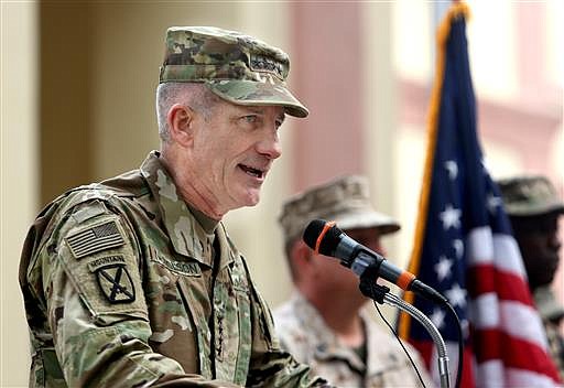  In this Wednesday, March 2, 2016 file photo, U.S. commander in Afghanistan, U.S. Army Gen. John Nicholson speaks during a ceremony at the Resolute Support Headquarters in Kabul, Afghanistan. 
