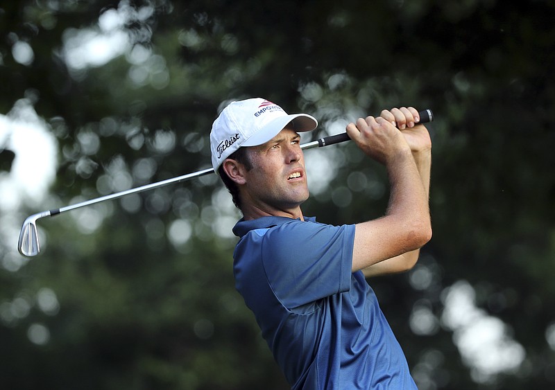 Robert Streb watches his tee shot on the eighth hole during the second round of the PGA Championship golf tournament at Baltusrol Golf Club in Springfield, N.J., Friday, July 29, 2016.