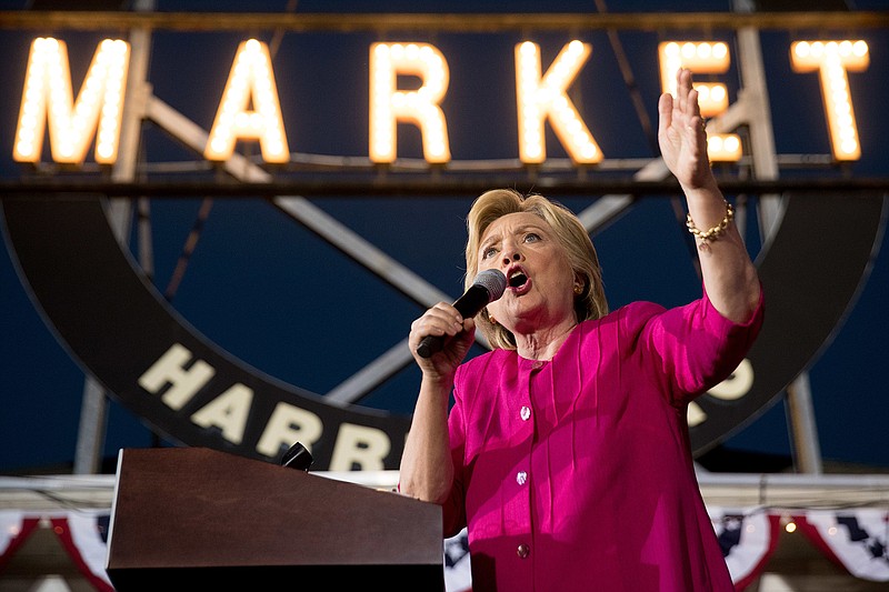 Democratic presidential candidate Hillary Clinton speaks during a rally at Broad Street Market in Harrisburg, Pa., Friday, July 29, 2016. Clinton and Kaine begin a three day bus tour through the rust belt. 