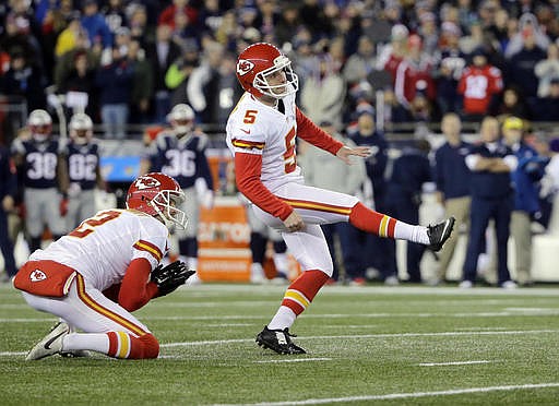 In this Jan. 16, 2016, file photo, Kansas City Chiefs kicker Cairo Santos (5), of Brazil, kicks a field goal against the New England Patriots in the first half of an NFL divisional playoff football game, in Foxborough, Mass. 