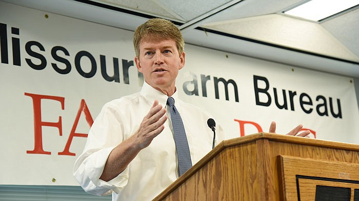 Current Missouri Attorney General and Democrat candidate for governor Chris Koster addresses members of the Missouri Farm Bureau Friday, Aug. 5, 2016 at the Jefferson City headquarters. Koster and Republican gubernatorial candidate Eric Greitens both addressed the group of about 150 looking for the Farm-PAC support. 