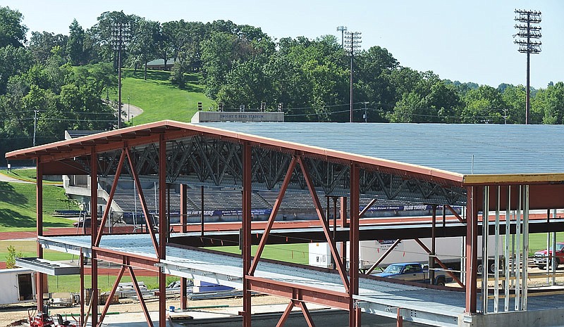 Progress continues Friday, Aug. 5, 2016, on the planned Wellness Center on Lafayette Street. The elevated running track is visible from this Lafayette Street view. The building is on schedule to be completed by the end of January 2017.