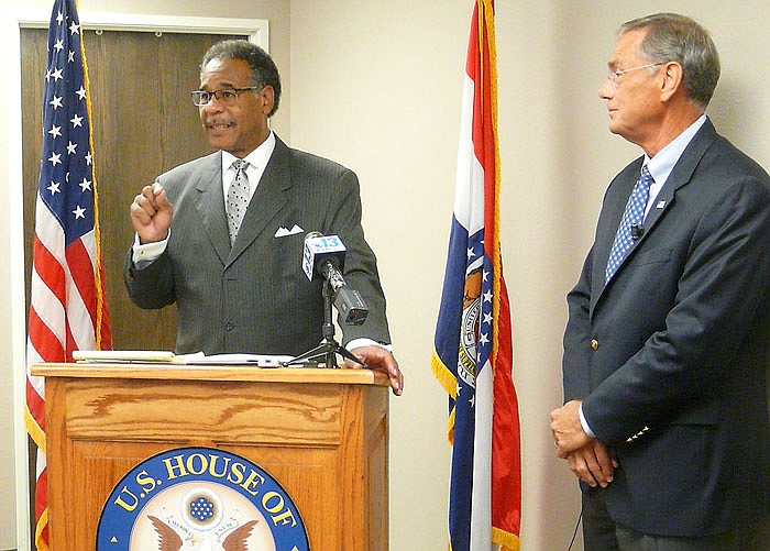 Congressman Emanuel Cleaver, D-Kansas City, left, speaks during a Monday news conference with Congressman Blaine Luetkemeyer's, R-St. Elizabeth, at the latter'sJefferson City office.