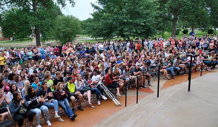 New William Woods University students listen to welcome speeches during last year's orientation.