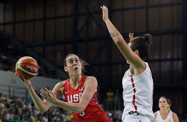 United States forward Breanna Stewart (left) shoots during the first half of Monday's game against Spain at the Youth Center at the 2016 Summer Olympics in Rio de Janeiro.