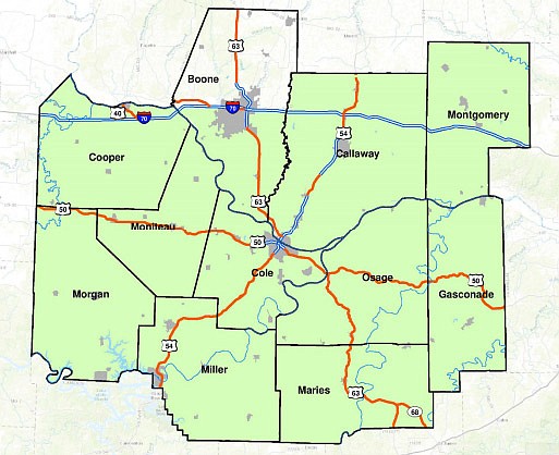 This map showing Jefferson City's "labor basin" appears in the Labor Availability Analysis 2016 prepared for the Jefferson City Area Chamber of Commerce by The Docking Institute of Public Affairs