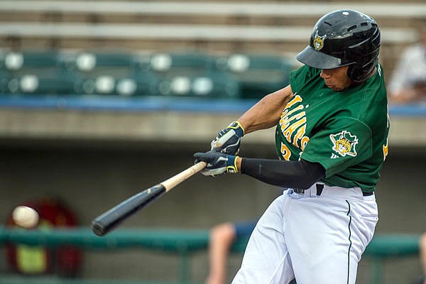 In this Aug. 1 file photo, Lynchburg Hillcats catcher Francisco Mejia hits a single, extending his hitting streak to 43 games, during the first inning of a minor league baseball against the Potomac Nationals in Lynchburg, Va. The Indians catching prospect had his 50-game hit streak snapped Sunday night.