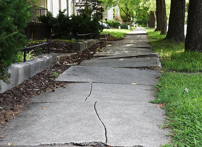 The sidewalks along several blocks of the north side of Capitol Avenue are in need of replacement. Tree roots have pushed up the concrete sections, creating an uneven, unsafe surface.