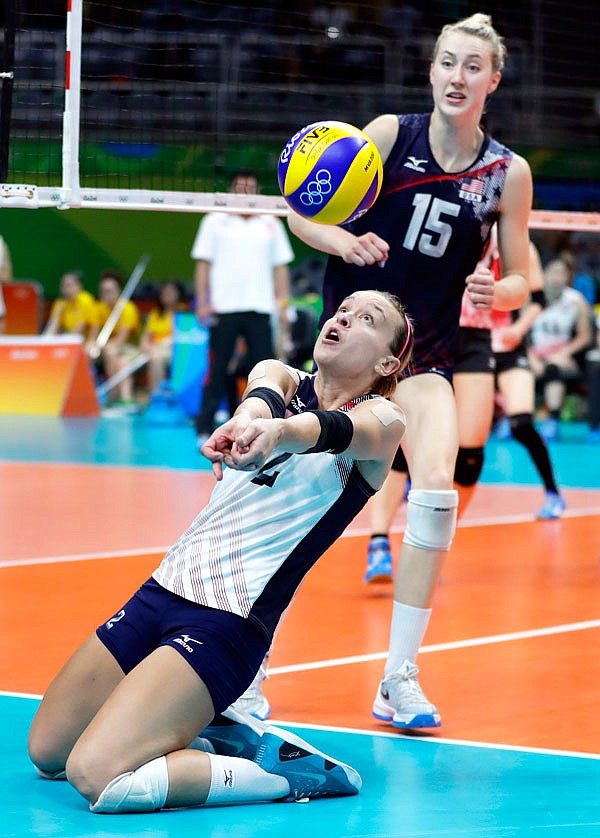 United States libero Kayla Banwarth saves a volley during Tuesday's women's volleyball quarterfinal match against Japan at the Summer Olympics in Rio de Janeiro. The U.S. won in three sets, advancing to face Serbia in the semifinals Thursday.