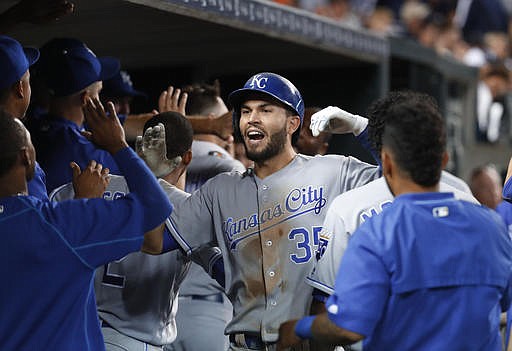 Kansas City Royals' Eric Hosmer celebrates his two-run home run against the Detroit Tigers in the ninth inning of a baseball game in Detroit, Wednesday, Aug. 17, 2016.