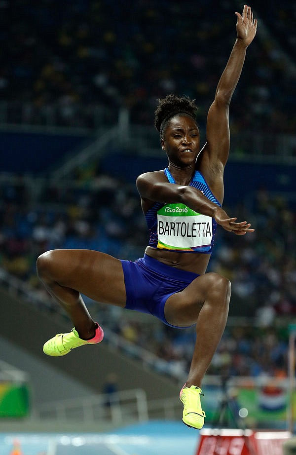 Tianna Bartoletta of the United States makes an attempt in the women's long jump final Wednesday during the Summer Olympics at the Olympic stadium in Rio de Janeiro.