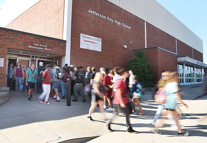 Jefferson City High School students change classes for the first time in this 2015-16 school year. 