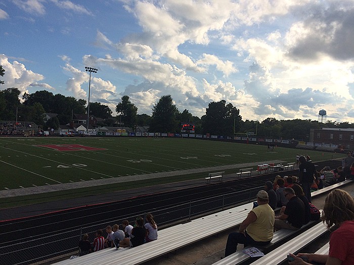 Fans start to gather under partly cloudy skies in Hannibal for the high school game between Helias and Hannibal on Friday, Aug. 19, 2016.