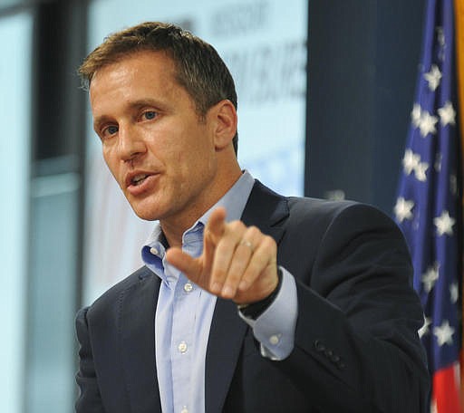 In this Aug. 5, 2016 file photo, Missouri Republican gubernatorial candidate Eric Greitens speaks in Jefferson City, Mo. 