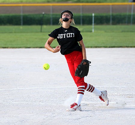 Jefferson City pitcher Mychael Jett delivers to the plate during last week's Jamboree at 63 Diamonds. Jett, a sophomore, is among several underclassmen the Lady Jays will have in their lineup.