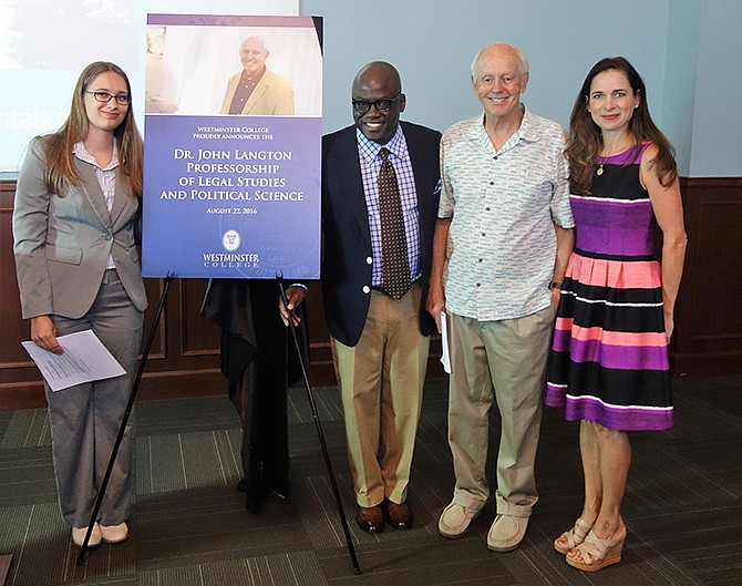 Emily Moore (left), Benjamin Akande, John Langton and Elizabeth Cole spoke at the announcement Monday morning of the Dr. John Langton Professorship of Legal Studies and Political Science at Westminster College. Moore and Cole are both former students of Langton who have rallied alumni to raise funds for the endowed chair.