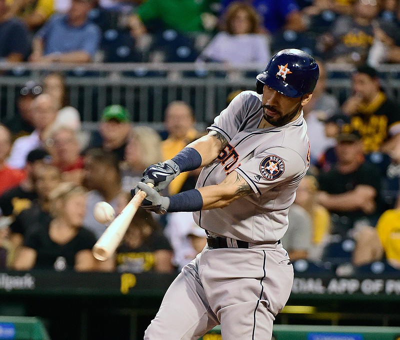 Houston Astros' Marwin Gonzalez singles in the fifth inning of a baseball game against the Pittsburgh Pirates in Pittsburgh, Tuesday, Aug. 23, 2016. 