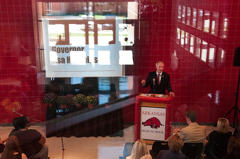  Arkansas Gov. Asa Hutchison recognizes 60 Arkansas High students for being top scorers on their advanced placement exams Wednesday at Arkansas High School.