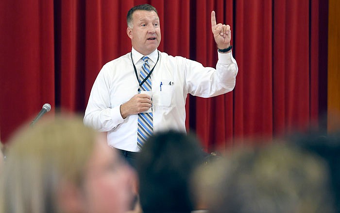 Jefferson City Public Schools Superintendent Larry Linthacum begins a Wednesday meeting at Moreau Heights Elementary School about the new behavior plans in the district. The new plan is to have a more consistent and universal system among schools.