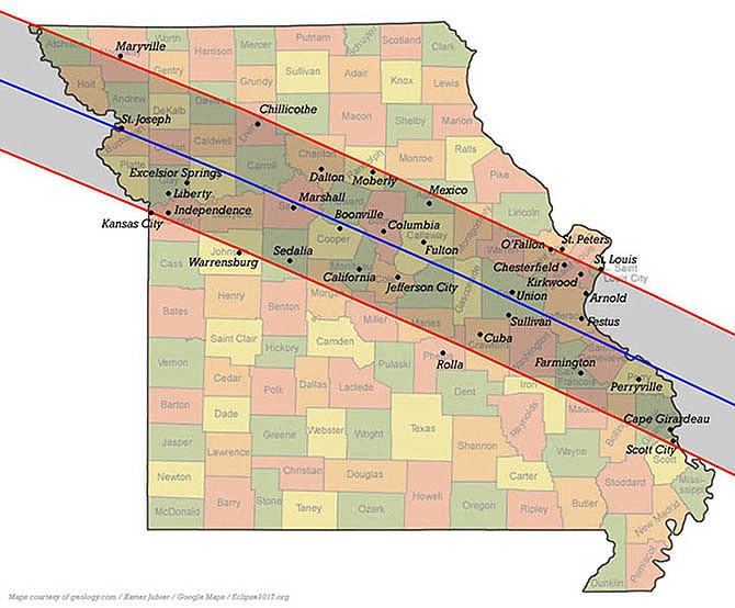 The path of next year's total solar eclipse in Missouri.