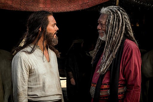 This image released by Paramount Pictures shows Jack Huston as Judah Ben-Hur, left, and Morgan Freeman as Ilderim, left, in a scene from "Ben-Hur."