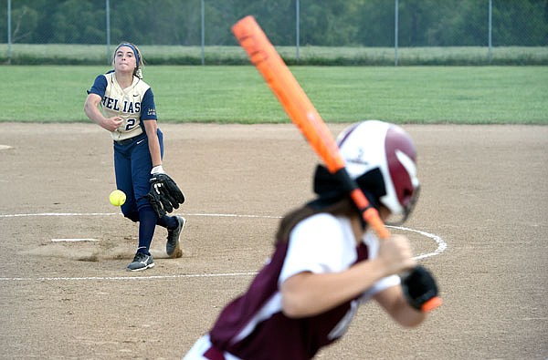 Lauren Howell of Helias works to the plate during Thursday afternoon's game against Rolla at the American Legion Post 5 Sports Complex.