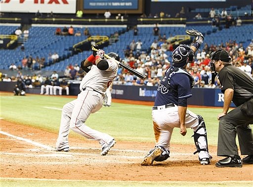 Boston Red Sox designated hitter David Ortiz (34) dives back from a pitch from Tampa Bay Rays relief pitcher Enny Romero (45) in the ninth inning of a baseball game, Thursday, Aug. 25, 2016 in St. Petersburg, Fla. (Will Vragovic/Tampa Bay Times via AP)

