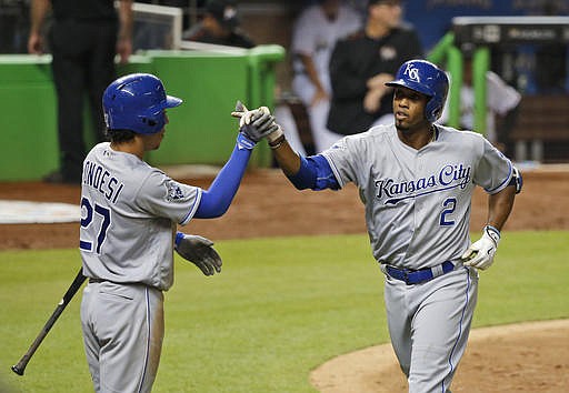 Kansas City Royals' Alcides Escobar (2) is congratulated by Raul Mondesi (27) after Escobar hit a home run during the fourth inning of a baseball game against the Miami Marlins, Thursday, Aug. 25, 2016, in Miami. 