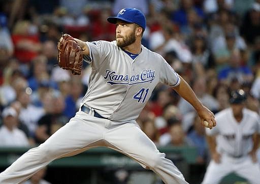 Kansas City Royals' Danny Duffy pitches during the first inning of a baseball game against the Boston Red Sox in Boston, Saturday, Aug. 27, 2016.