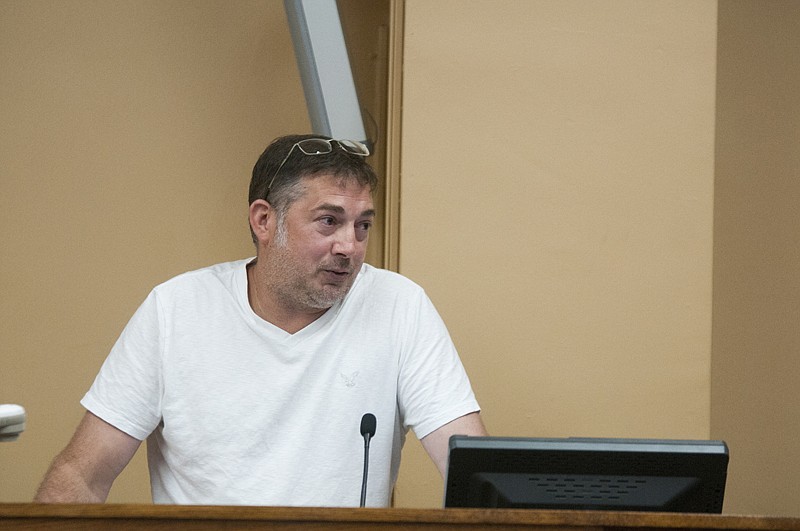 Mike Yarberry speaks in opposition to a proposed tax increase by the Texarkana, Texas, City Council during a special meeting and public hearing Monday at City Hall.