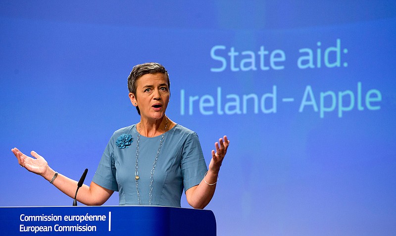 European Union Competition Commissioner Margrethe Vestager speaks during a media conference at EU headquarters in Brussels on Tuesday, Aug. 30, 2016. The European Union says Ireland has given illegal tax benefits to Apple Inc. and must now recover the unpaid back taxes from the U.S. technology company, plus interest.