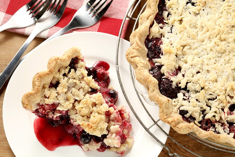 A bumbleberry pie gets its name from the mix of berries that comprise the filling. Though it can include other fruit, such as rhubarb, this one sticks with berries: raspberries, blueberries, and blackberries.